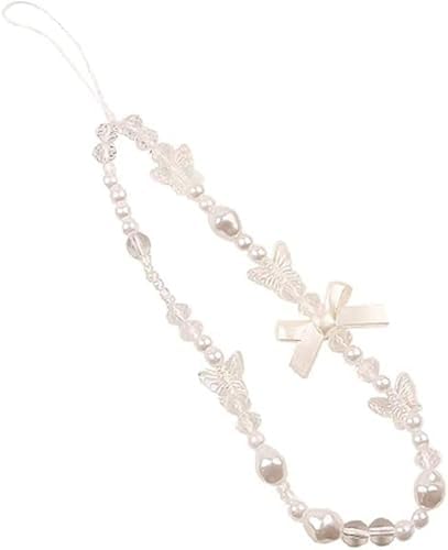 Fansoftiks White Butterfly Beaded Phone Lanyard Wrist Strap Anti Lost Decorative Pendant for Women Girls