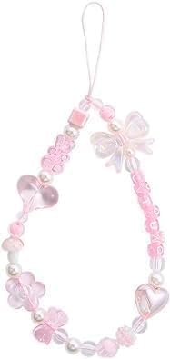 Yxinjy Mobile Phone Chain Strap Cute Bow Heart Head Star Flower Heart Beaded Phone Case Charm Beaded Mobile Lanyard Wrist Strap Pink Anti-Lost String