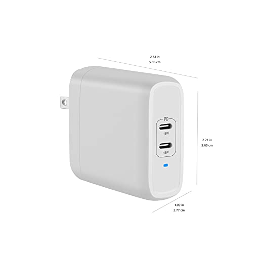 Amazon Basics 36W Dual Port USB-C Wall Charger with Power Delivery, Foldable Plug, for Tablets and Phones, Apple Watch, White, 2.34 x 1.09 x 2.21 in