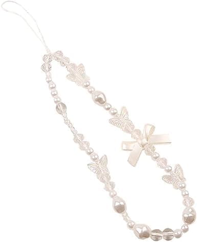 Juroicessry White Mobile Phone Lanyard Universal Phone Chain Black Bow White Pearl Beaded Phone Lanyard Wrist Strap Anti Lost Phone Charm Strap