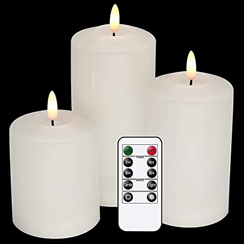 GenSwin Flameless Flickering Candles 3D Wick Battery Operated with 6H Timer, Real Wax Pillar LED Votive Candles Warm Light, Set of 3 Perfect