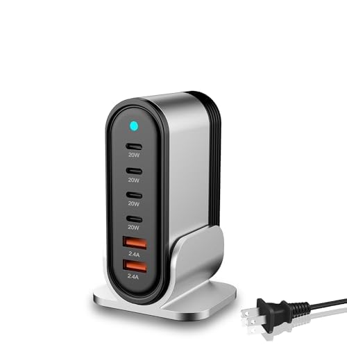 USB C Fast Charger : 6 Port Desktop Multiple Devices Power Adapter for Laptop MacBook Pro/Air, DELL, Tablet iPad Pro/Air, iPhone 16/15/14, Galaxy