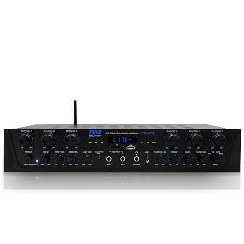 Pyle Bluetooth Home Audio Amplifier - 6 Channel Stereo Receiver Amp, 600 Watt Power, Commercial or Karaoke with Mic Talkover, Headphone Jack, 1/4''