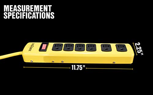 Southwire Yellow Jacket Heavy Duty Power Strip - 6 Outlet Industrial Metal Workshop Strip - Sliding Safety Covers - Overload Protection - 6 Ft Yellow
