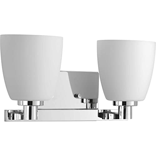 Progress Lighting 2 Light Bathroom Vanity Light, Coastal Style Modern Bath Lighting Fixture with Etched White Glass Shade for Over the Mirror