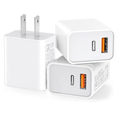 3 Pack USB C Wall Charger, 20W Durable Dual Port QC+PD 3.0 Power Adapter, Double Fast Plug Charging Block for iPhone 14/15/16/17 Pro/Pro Max/Plus