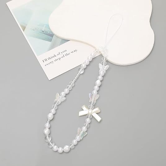 WLngtv 2 Pcs White Mobile Phone Lanyard Universal Chain Black Bow White Pearl Beaded Phone Lanyard Wrist Strap Anti Lost Phone Charm Strap Fashion
