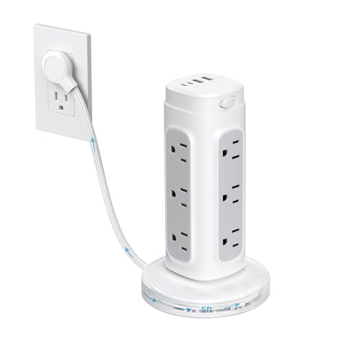 TROND Retractable Power Strip Tower, Space-Saving Surge Protector with USB C PD 20W, 5ft Flat Plug Extension Cord with Multiple Outlets, 4 USB, 1700J
