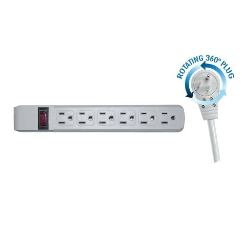 CableWholesale 845-51W1-19215 Surge/Modem Protector, Flat Rotating Plug, 6 Outlet, Gray Horizontal Outlets, Plastic, Power Cord, 15-Feet