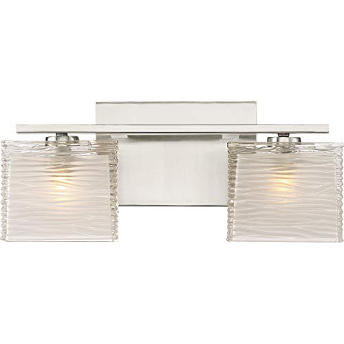 Quoizel Westcap Modern Vanity Lights, 2-Light, 15 Inch Brushed Nickel Bathroom Lighting Fixtures Over Mirror, Sandblasted Glass, G9 Bulb, Transitional