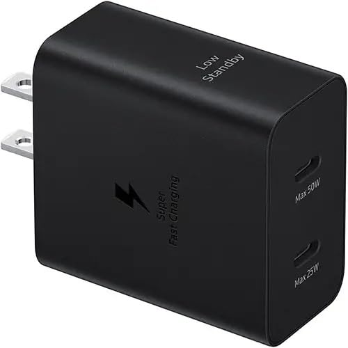 SAMSUNG 50W Duo Power Adapter Wall Charger, 2 Ports, Cable Included, Super Fast Charging 2.0 for Galaxy Phones, Tablets, USB Type C Devices, Low
