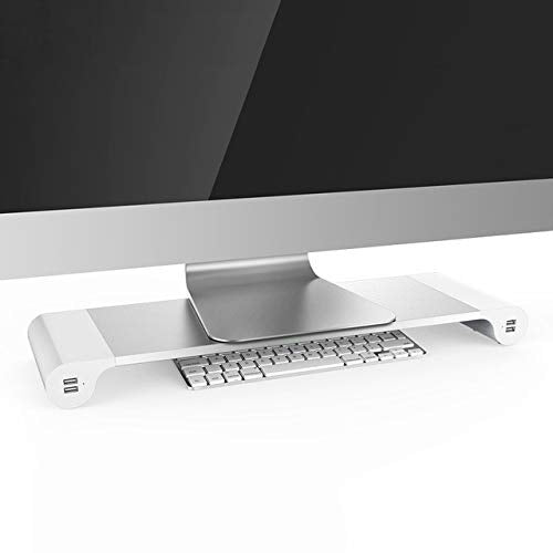 Aluminum Alloy Desktop Monitor Stand Space Bar Non-Slip Laptop Stand Riser with 4-Ports USB Charging for iMac, MacBook Pro, Air (White UK Plug)
