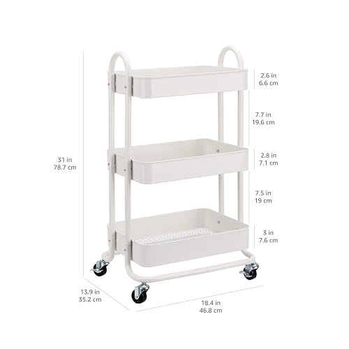 Amazon Basics 3-Tier Rolling Utility or Kitchen Cart, Lockable Wheels, Multifunctional Storage, White