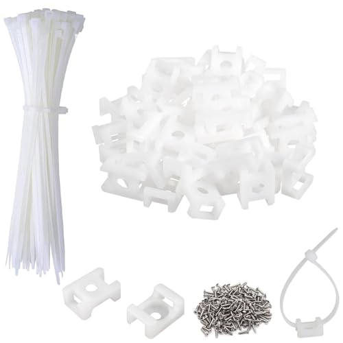 60 Set White Cable Zip Tie Mounts Kit Wire Clips Organizer Holders Clamps with 0.9Inch Saddle Type Mounts Base with 8" Ties and Tapping Screw