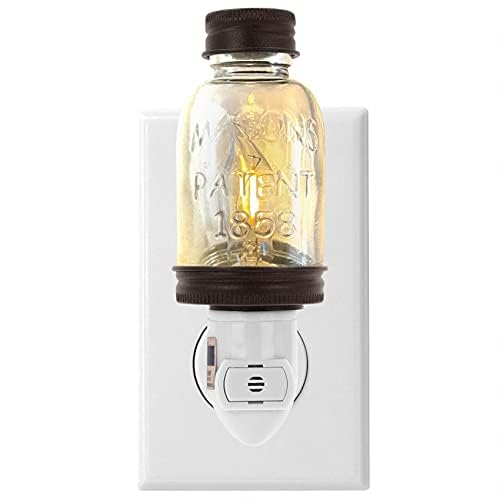 Autumn Alley Rustic Mini Mason Jar Night Light in Bronze | Auto On/Off Sensor | Plug in Farmhouse Wall Decor | Cute Country Night Light | Energy