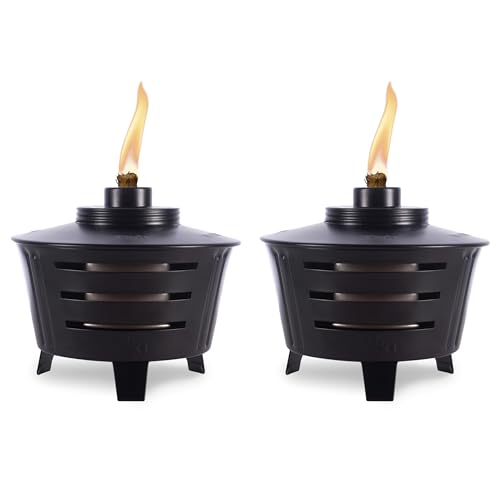 TIKI Mini Fire Pit Tabletop Torch 2-Pack, Outdoor Decorative TIKI Torch for Patio, Backyard, and Garden, Black Metal Tabletop Flame Torch, Includes