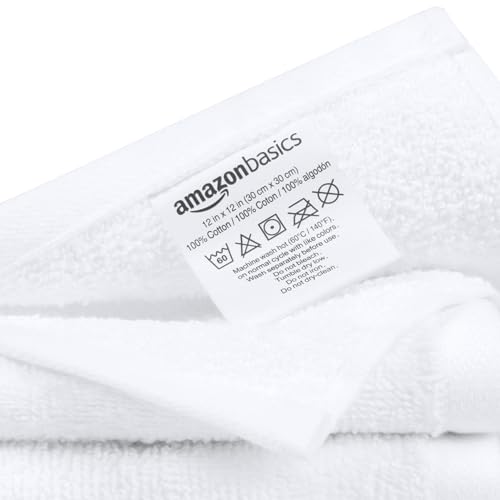 Amazon Basics Cotton Washcloths, Fast Drying, Soft & Highly Absorbent, Machine Washable Bathroom Towels, 12x12 in, White, 24-Pack