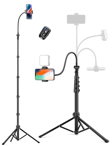 Phone Tripod, 86" Tall Tripod for iPhone with Flexible Gooseneck & Remote, Portable Aluminum Cellphone Stand for Selfies, Video Recording,Travel