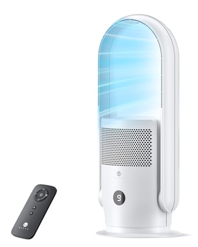 ULTTY Bladeless Tower Fan and Air Purifier Combo, Quiet Oscillating Fan with Remote & Touch Control, 9 Speeds, 8H Timer, HEPA Air Filter, Safe Floor