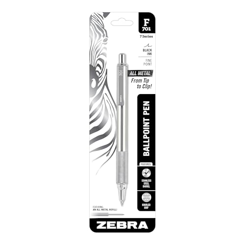 Zebra Pen F-701 Ballpoint Black Ink Fine Point 0.8mm Pen, Heavy Duty, Durable Stainless Steel Barrel, Knurled Grip, Silent Retractable Plunger, Ideal