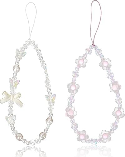 ZhangyiHot 2Pcs White and Purple Bow Beaded Phone Bracelet Strap, Crystal Butterfly Flower Pearl Phone Beaded Wrist Strap Bracelet Lanyard For Women