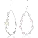 ZhangyiHot 2Pcs White and Purple Bow Beaded Phone Bracelet Strap, Crystal Butterfly Flower Pearl Phone Beaded Wrist Strap Bracelet Lanyard For Women