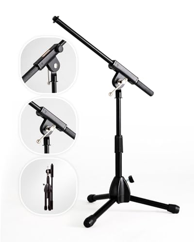Stage Rocker Foldable Tripod Low-Profile Mic Boom Stand - Height Extending from 9.6'' to 16.9'', w/Adjustable Telescoping Arm Up to 9''