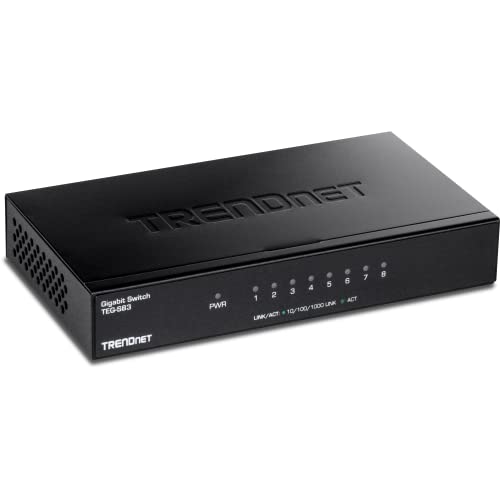TRENDnet 8-Port Gigabit Desktop Switch, TEG-S83, 8 x Gigabit RJ-45 Ports, Ethernet Splitter, 16Gbps Switching Capacity, Fanless Design, Metal