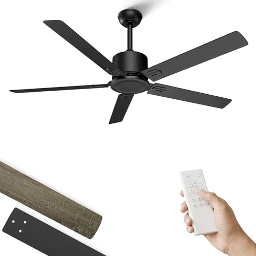 Obabala Outdoor Ceiling Fan No Light, 52 Inch Black Modern Ceiling Fan Without Light, Dual Finish 5 Blades,6 Speed, Reversible Quiet DC Motor
