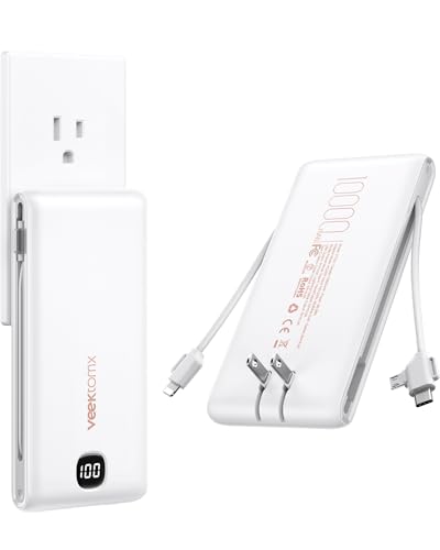 VEEKTOMX Portable Charger with Built in Cables 10000mAh, Power Bank for iPhone with AC Wall Plug, Fast Charging USB C Slim Battery Pack with LED