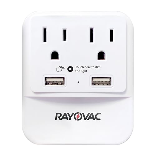 Rayovac Surge Protector with Night Light, 2 Outlet Power Strip with 2 USB-A Ports Adapter for Home, School, or Office, White