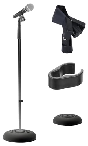 Pyle Adjustable Microphone Stand - Universal Mic Stand with Compact Heavy Base, Floor Standing Design, Height Adjustable, Pivot Angle Clip for Singing