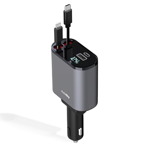 AutoSky 4-in-1 Retractable Fast Charger, for Cars: 100W Car USB-C & iPhone Cable, USB-C/A Ports - Compatible with iPhone, Galaxy, Pixel and More.