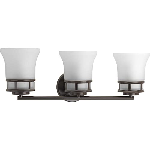 Progress Lighting 3 Light Bathroom Vanity Light, Coastal Style Modern Bath Lighting Fixture with Etched White Glass Shade for Over the Mirror