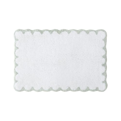 Peri Home Scalloped Bath Rug - Soft & Absorbent 100% Cotton Tufted Bath Mat, 20" x 30", White with Sage Scallop