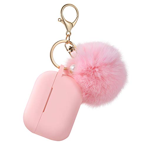 Protective Case Cover for Airpods Pro Charging Case, Upgraded Air Pods Silicone Case Skin with Soft Cute Ball Pom Pom Keychain Kit (A, Pink)
