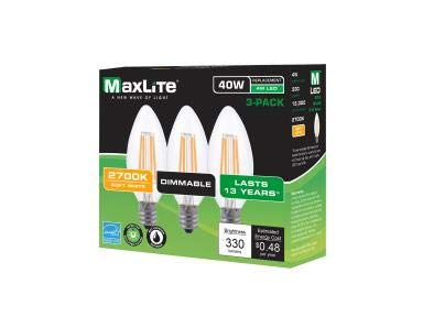 Maxlite LED Filament LAMP 4W B10 80 CRI 2700K DIM E12-3 Pack - White,F4B10D27/3P/WS