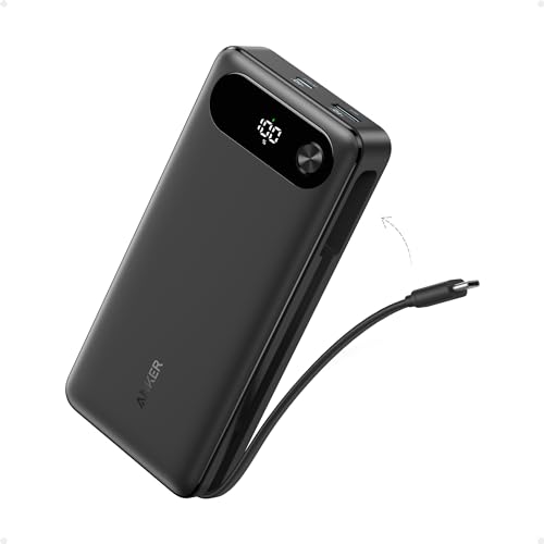 Anker Power Bank, 20,000mAh Travel Essential Portable Charger with Built-in USB-C Cable, 3-Port 87W Max Fast Charging Battery Pack, for MacBook