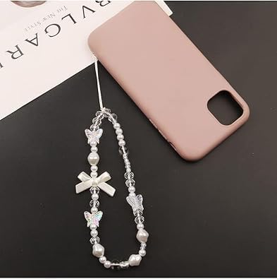 Fansoftiks White Butterfly Beaded Phone Lanyard Wrist Strap Anti Lost Decorative Pendant for Women Girls