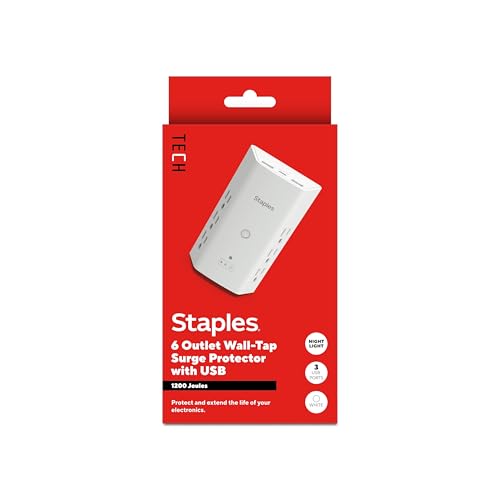 Staples TECH 6-Outlet Surge Protector, Wall Mountable with 2 USB-A & 1 USB-C Port - 1200 Joules, White, Ideal for Home & Office