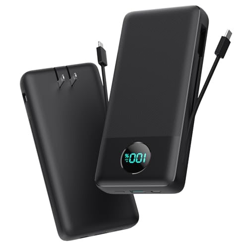 Portable Charger 33800mAh USB C Power Bank with Built-in Cables & AC Wall Plug,25W Fast Charging+QC 4.0 Phone Charger,4 Output Travel Essentials