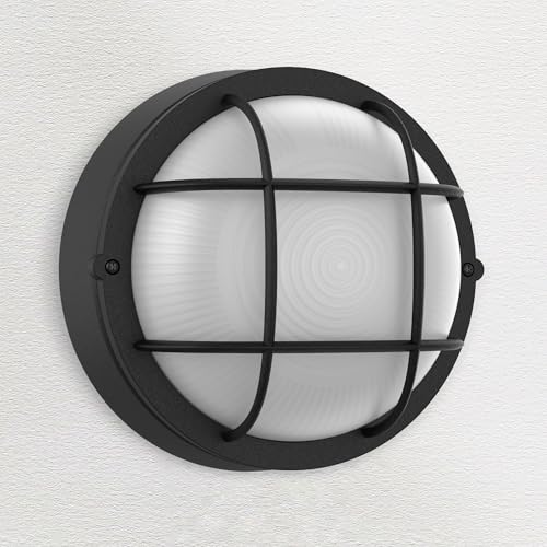 Faymart lighting 8" Nautical Outdoor Light-Black Round Bulkhead LED Lights,Sauna Light Fixture Outdoor 8" Nautical Bulkhead Light 3000K,1500LM,15W LED