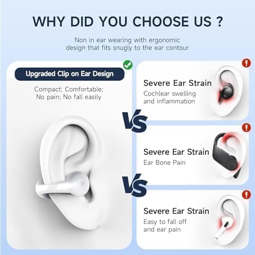 SHIJIAET Open Ear Clip Earbuds Over The Ear Headphones Wireless Bluetooth Waterproof Bone Conduction Earbuds for Fitness and Running, Secure Fit…