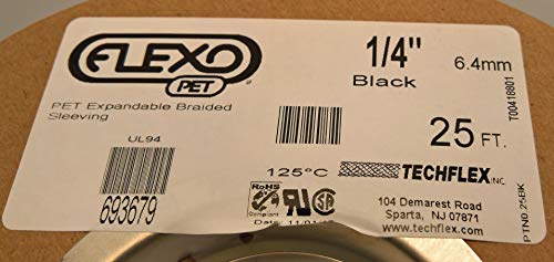 Techflex PTN0.25BK25 Flexo PET Braided Sleeve, 1/4" x 25' L, Black