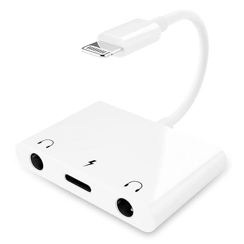 Unitrox 3 in 1 Dual 3.5mm Headphone Jack Adapter - Earphone Jack Audio and Charging Adapter - Headphone Splitter for iPhone 14/13/ 12/11/ X/ 8 - White