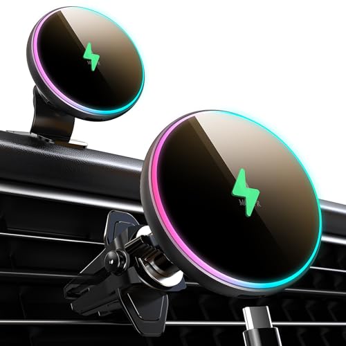 MOKPR for Magsafe Car Mount Charger-15W Wireless Car Charger-Magnetic Car Phone Holder for Dash Air Vent-LED RGB HandsFree Car Mount Fast Car Charger