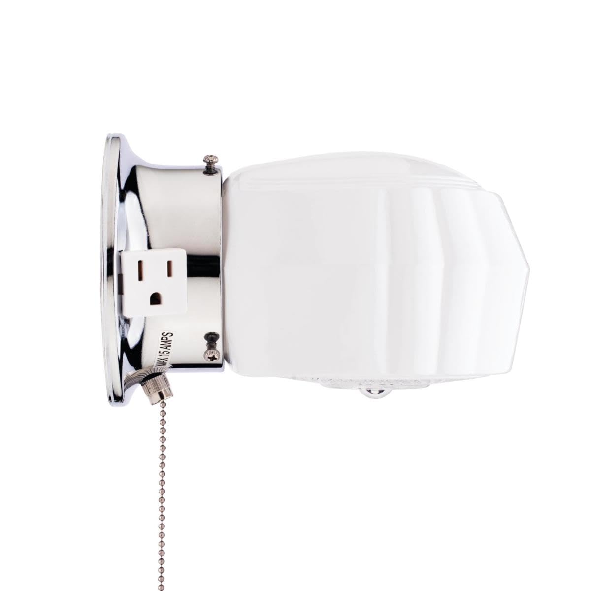 One-Light Classic Wall Fixture with Ground Convenience Outlet and Pull Chain, Chrome Finish Base with White and Crystal Glass