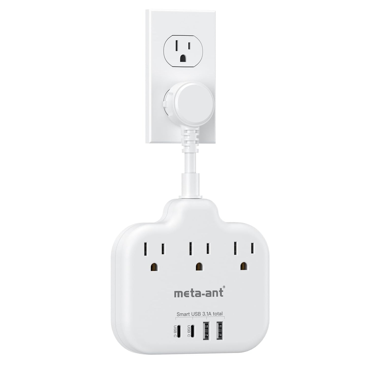 Short Extension Cord 3 Inch, Flat Plug Small Power Strip with 3 AC & 4 USB(1 USB-C), 1875W/15A, Multi Plug Outlet Extender, Non-Surge Protection