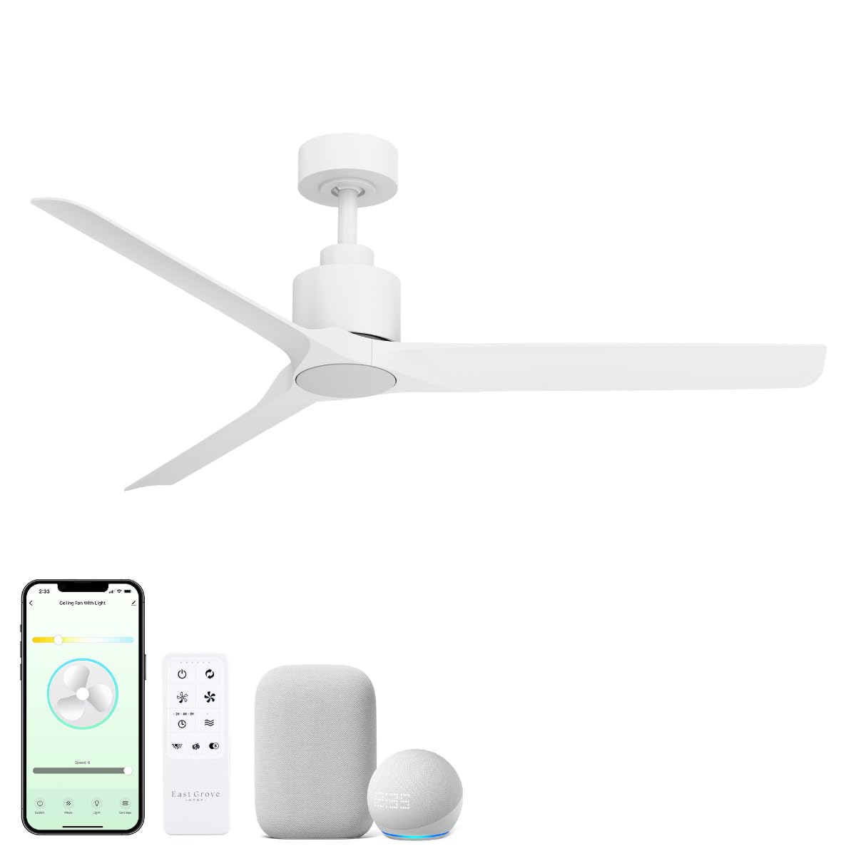 East Grove Home Delta Indoor or Outdoor 52in 3-Blade Smart Ceiling Fan or Flush Mount Fan 2700K-6000K CCT Tunable Range LED Light Kit with White