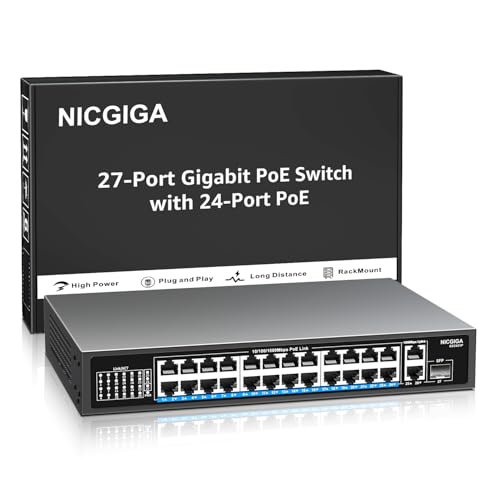 NICGIGA 24-Port Gigabit PoE Switch with 24 PoE+@300W, 2 Gigabit Uplink Ports, 1 SFP, Sturdy Metal for Desktop/Rack Mount, Plug and Play, Unmanaged